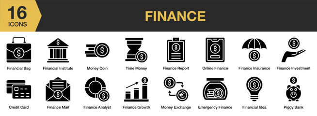 Sticker - Finance Glyph icon set. Includes credit card, money coin, piggy bank, time money, investment, and More. Solid icons vector collection.