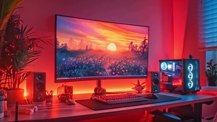Aufkleber - This Workstation illuminated by a colorful sunset and ambient lighting effects.
