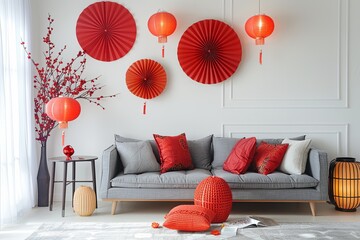 Modern living room with red lanterns and decor.