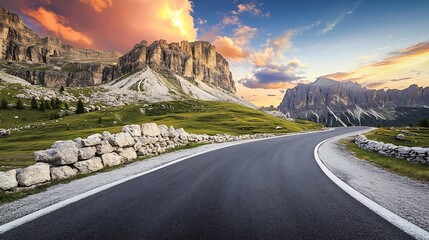 Aufkleber - Mountain road at colorful sunset in summer Dolomites Italy Beautiful curved roadway rocks stones blue sky with clouds Landscape with empty highway through the mountain pass in spring T : Generative AI