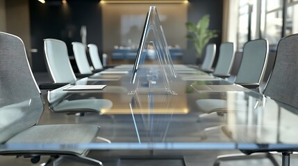 Aufkleber - Video conference meeting room with clear acrylic sheet separates the center on the conference table to prevent COVID19 and face shield on the table : Generative AI