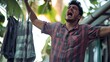© The Little Hut - Hispanic man hanging clothes at clothesline angry and mad screaming frustrated and furious shouting with anger looking up : Generative AI