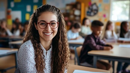 Aufkleber - Portrait of female smiling teacher looking at camera at the lesson in junior high school Schoolchildren and classmates sitting at the desks and working in classroom Education and knowl : Generative AI