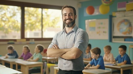 Poster - Happy elementary school teacher standing in a classroom with children working at their desks in the background Man teaching kids in an early child development centre : Generative AI