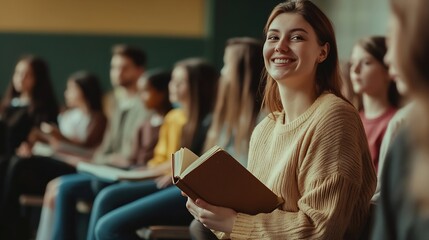 Aufkleber - Happy female teacher holding book while sitting on bench with students in classroom : Generative AI