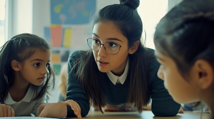 Aufkleber - Teacher engages in teamwork in the school classroom providing assistance to a schoolgirl during the lesson This collaborative effort enhances the learning experience for pupils group : Generative AI