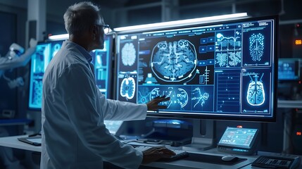 Poster - Neuroscience Research a Scientist Studying Brain Scans