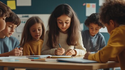 Aufkleber - Group of elementary school students completes task together with young female teacher Schoolchildren stand at one desk and write in their notebooks while listening to teachers prompts : Generative AI