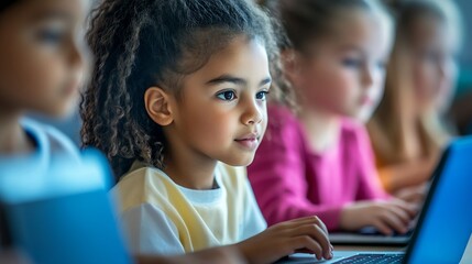 Aufkleber - Group of TechSavvy Primary School Children Working on Their Laptop and Tablet Computers in Class Young Female Teacher Educating Kids on Internet Safety Basic Programming Languages and  : Generative AI