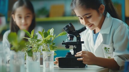 Aufkleber - Students teacher and school with microscope for plants on education science and environmental awareness Children people and happy in classroom for crop experiment research and knowledg : Generative AI