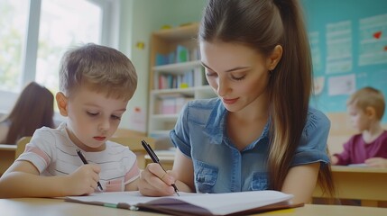 Aufkleber - Teacher woman and help child writing in notebook for education study or knowledge in class Kid happy educator and student learning in lesson for development or assistance at kindergart : Generative AI