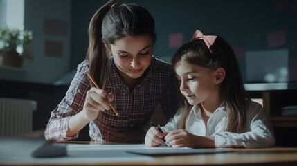 Aufkleber - Teacher helping girl in classroom for knowledge helping schoolgirl and teach her to draw Education concept : Generative AI