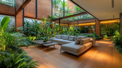 Canvas Print - Modern Living Room With Tropical Garden View.