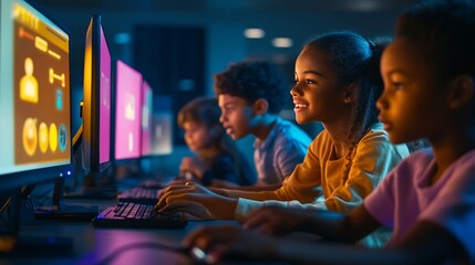 Aufkleber - Elementary School Children Learning Basic Computer Knowledge Teacher Educating Smart Diverse Kids in a Modern Colorful Classroom Schoolchildren Getting Experience with Technology : Generative AI