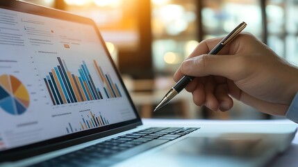 Aufkleber - Businessman hand holding pen to display laptop with mockup chart presentation slide show background : Generative AI
