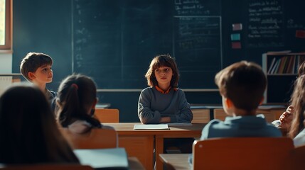 Fototapete - Teacher and students Learn and study in a classroom of school where youngsters sit and listen attentively : Generative AI