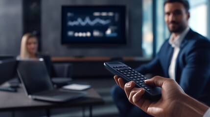 Aufkleber - Businessman hand hold remote control slide with mock up chart slide show presentation on display laptop and television in meeting room : Generative AI