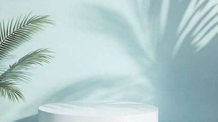 Aufkleber - Minimal abstract background for cosmetic product presentation Premium podium with shadow of tropical palm leaves on pastel blue wall and white : Generative AI