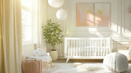 Wall Mural - Bright and airy nursery with baby crib and pastel decor