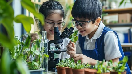 Aufkleber - Students teacher and school with microscope for plants on education science and environmental awareness Children people and happy in classroom for crop experiment research and knowledg : Generative AI