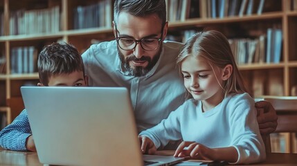 Aufkleber - Mature teacher teach boy and girl students how to use laptop : Generative AI