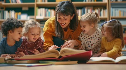 Aufkleber - Library kids and teacher reading book education and learning with knowledge storytelling and kindergarten Educator woman and children on floor fun and fantasy stories with development  : Generative AI