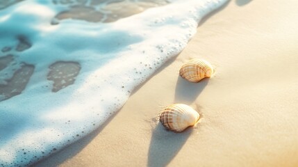 Poster - bullet point slide show presentation background beach scene with shells : Generative AI