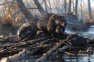 Wall Mural - Family of beavers resting on a log in a misty forest.