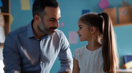 Poster - A man teacher stands beside a young girl in a vibrant classroom setting engaging in interactive teaching : Generative AI