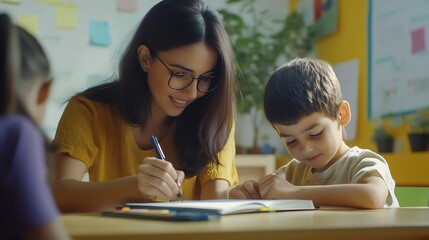 Aufkleber - Teacher woman and help child writing in notebook for education study or knowledge in class Kid happy educator and student learning in lesson for development or assistance at kindergart : Generative AI
