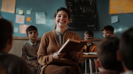 Aufkleber - Happy female teacher holding book while sitting on bench with students in classroom : Generative AI