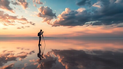 Photographer traveler taking photo of the salt lake at sunset Blue sky with clouds are reflected in the mirror water surface Professional photographer using tripod and dslr camera : Generative AI