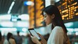 © The Little Hut - Young asian woman in international airport using mobile smartphone and checking flight at the flight information board : Generative AI