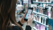 © The Little Hut - Phone shopping and woman with product in store for cosmetics beauty or customer at sale for discount Retail promotion and girl scan barcode in mall for skincare makeup or online price  : Generative AI