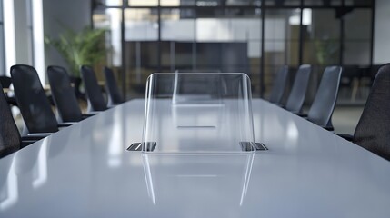 Aufkleber - Video conference meeting room with clear acrylic sheet separates the center on the conference table to prevent COVID19 and face shield on the table : Generative AI