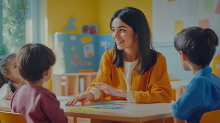 Fototapete - Caucasian young woman teacher teaching student in classroom at school Attractive beautiful female instructor master explain and educate children with fun activity at preschool nursery  : Generative AI