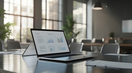 Aufkleber - Mock up sales summary slide show presentation on display laptop with notebook on table in meeting room : Generative AI