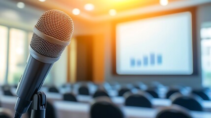 Aufkleber - Close up Microphone with presentation slide show on projector screen background in meeting room : Generative AI