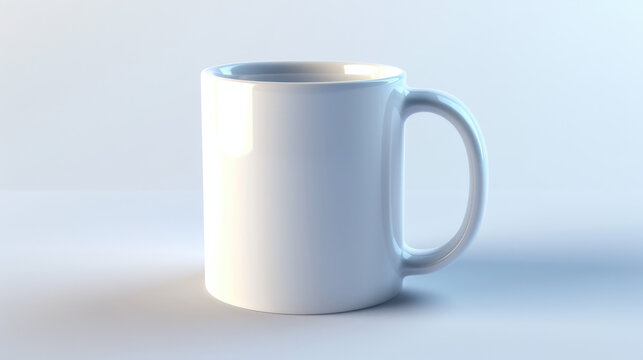A 3D rendered white ceramic mug, tilted slightly, centered against a gradient light blue to white background