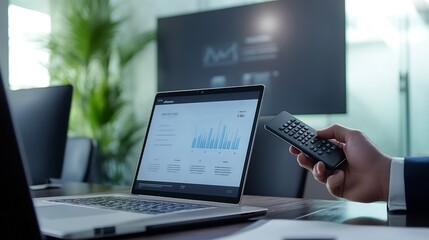 Aufkleber - Businessman hand hold remote control slide with mock up chart slide show presentation on display laptop and television in meeting room : Generative AI