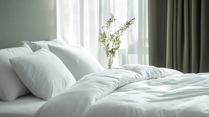 Poster - Hotel room with comfortable double bed neatly white sheets decorative cover and pillows Bedroom with textile decor cushions and bedding Concepts of cozy morning at home : Generative AI