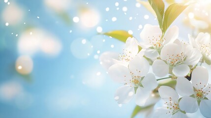 White cherry tree blossoms in spring garden background blue sky and bokeh free space for your design : Generative AI