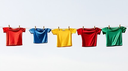 Colorful tshirts drying on washing line isolated on white : Generative AI