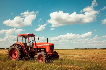 Sticker - Red tractor in a field on a sunny day outdoors vehicle nature.