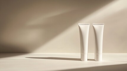 Aufkleber - Two white skincare tubes are cast in soft shadows on a beige surfacecreating an elegant and minimalistic cosmetic presentation : Generative AI