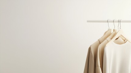 Hanger with neutral beige and white clothes on a white background Copy space : Generative AI