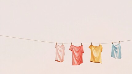 Wall Mural - Different clothes drying on laundry line against light background : Generative AI