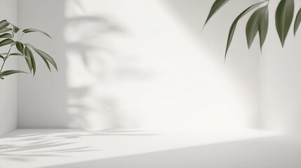 Poster - Minimal Empty white room studio background  Scene with natural leaves shadow forms Empty showcase for cosmetic product presentation : Generative AI
