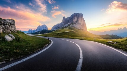 Aufkleber - Mountain road at colorful sunset in summer Dolomites Italy Beautiful curved roadway rocks stones blue sky with clouds Landscape with empty highway through the mountain pass in spring T : Generative AI