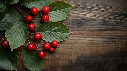 Poster - Leafs and red fruits on wooden background : Generative AI